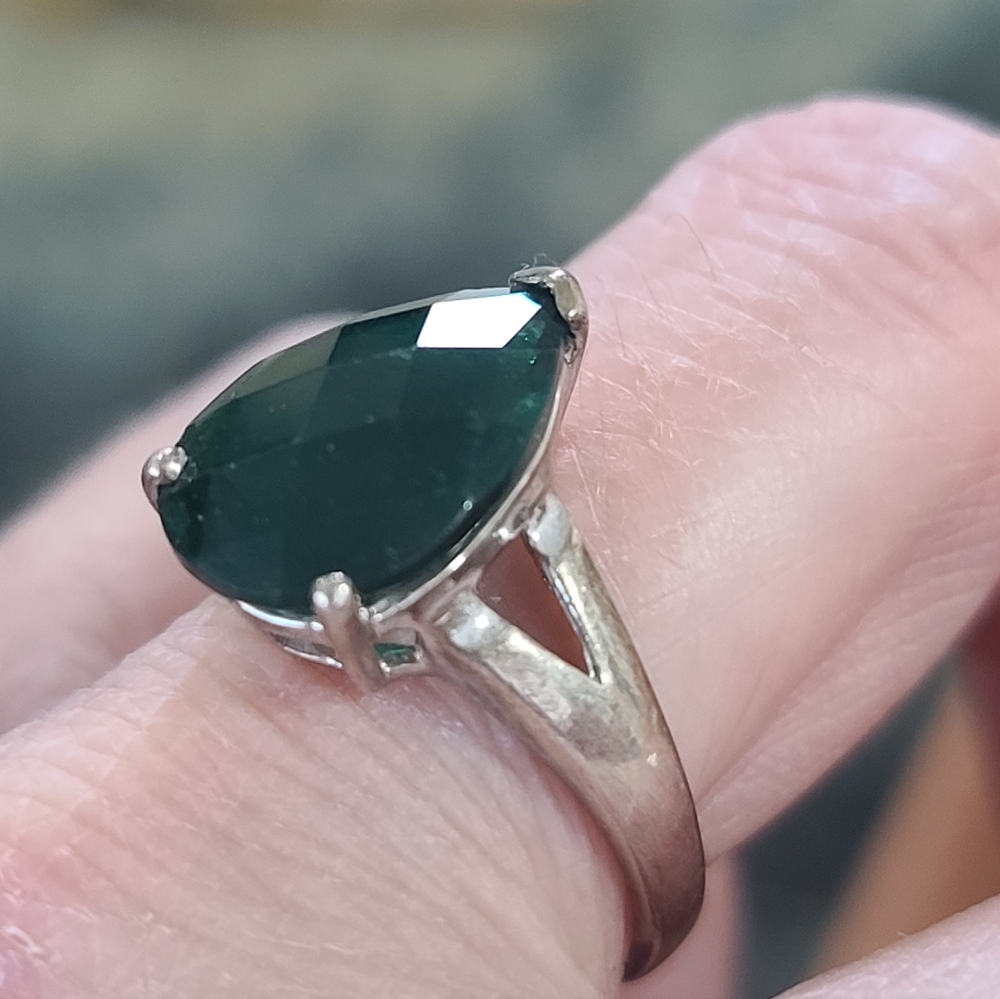 Emerald Green Teardrop Solitaire Ring, Sterling Silver Setting - Picture 10 of 11